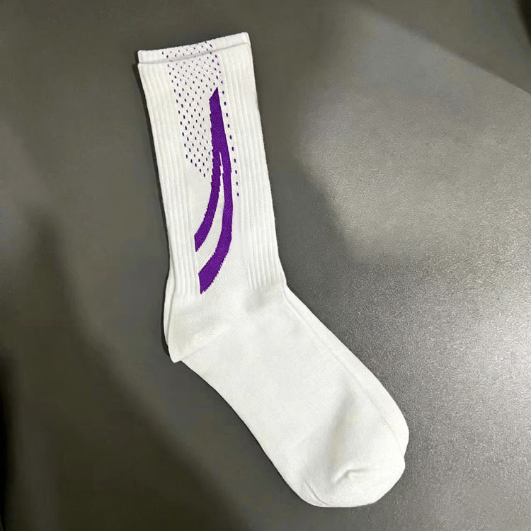 51166211 White Purple Graphic Crew Socks Breathable Mesh Athletic Sport Mid Calf Socks