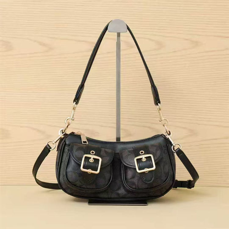 Vintage Buckle Baguette Shoulder Bag Retro Pattern Women’s Crossbody Underarm Handbag - 51262416