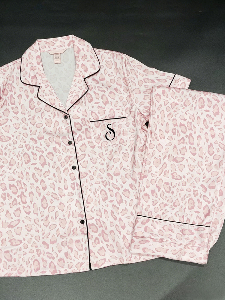 Pink Leopard Print Satin Pajama Set