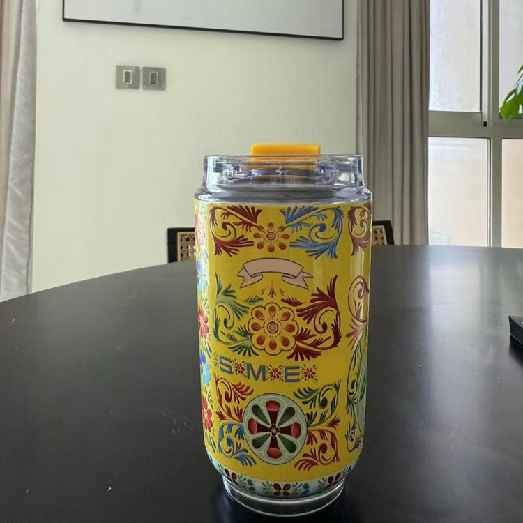 51357315 Vintage Patterned Glass Tumbler, Iced Coffee Cup with Bamboo Lid & Straw for Daily Drinks