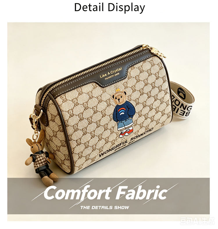 51156954 Mini Bear Print Pattern Crossbody Bag Wide Strap Small Cylinder Shoulder Handbag