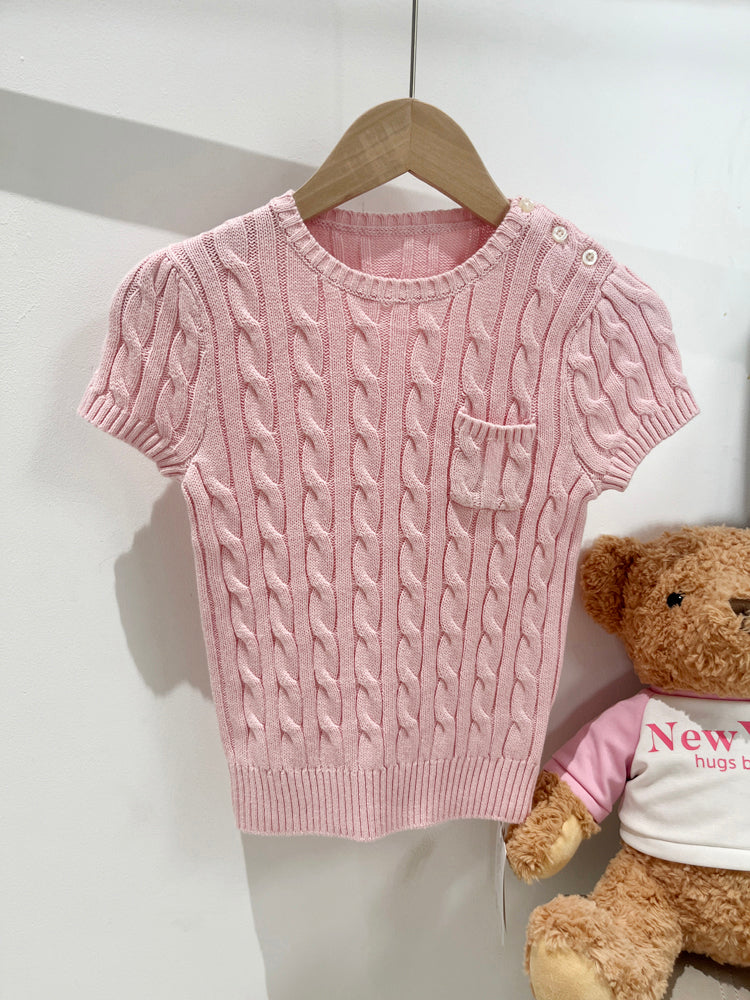 Kids Girls Cable Knit Short Sleeve Sweater Casual Knit Pullover Top - 51252103