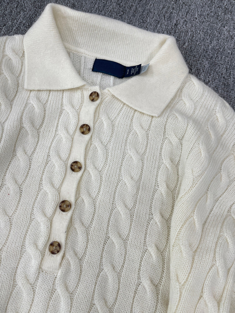 40823764 Women Cable Knit Polo Collar Sweater Long Sleeve Button Pullover Jumper