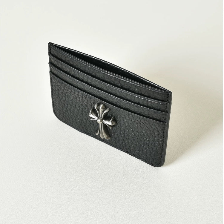 51170598 Black Pebble Leather Card Holder Silver Cross Metal Decor Slim Credit Card Wallet