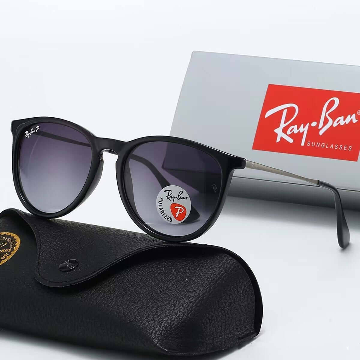 Outdoor casual fashion sunglasses with sunglasses case, stylish Ray-Ban shades on a white background.