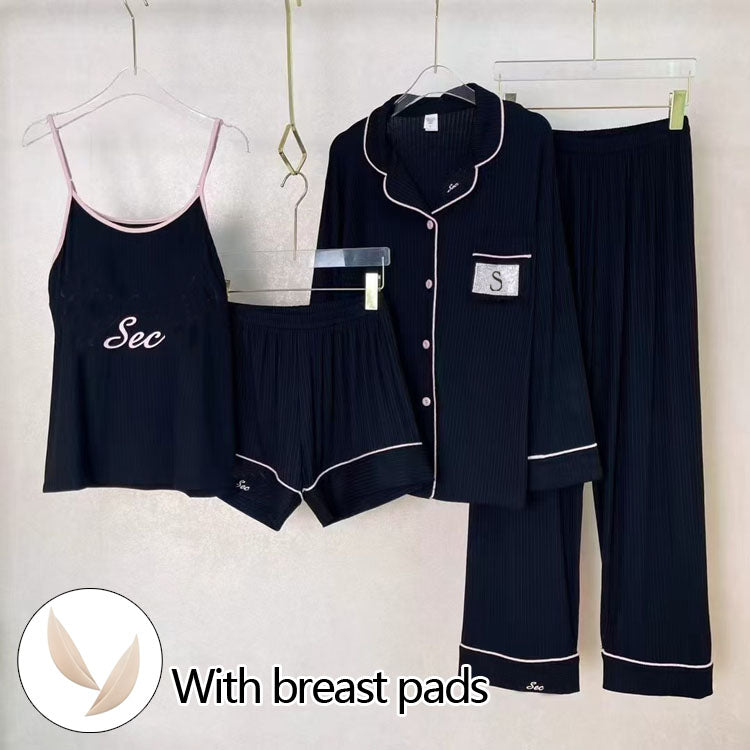 Women Striped Satin Pajama Set 4‑Pieces Lingerie Sleepwear Robe Cami Nightwear（NOLABBEL） - 40803334