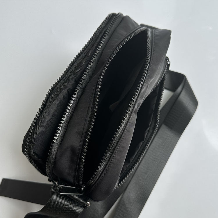 51154809 Small Black Nylon Crossbody Bag Multi Zip Pocket Adjustable Strap Mini Shoulder Bag