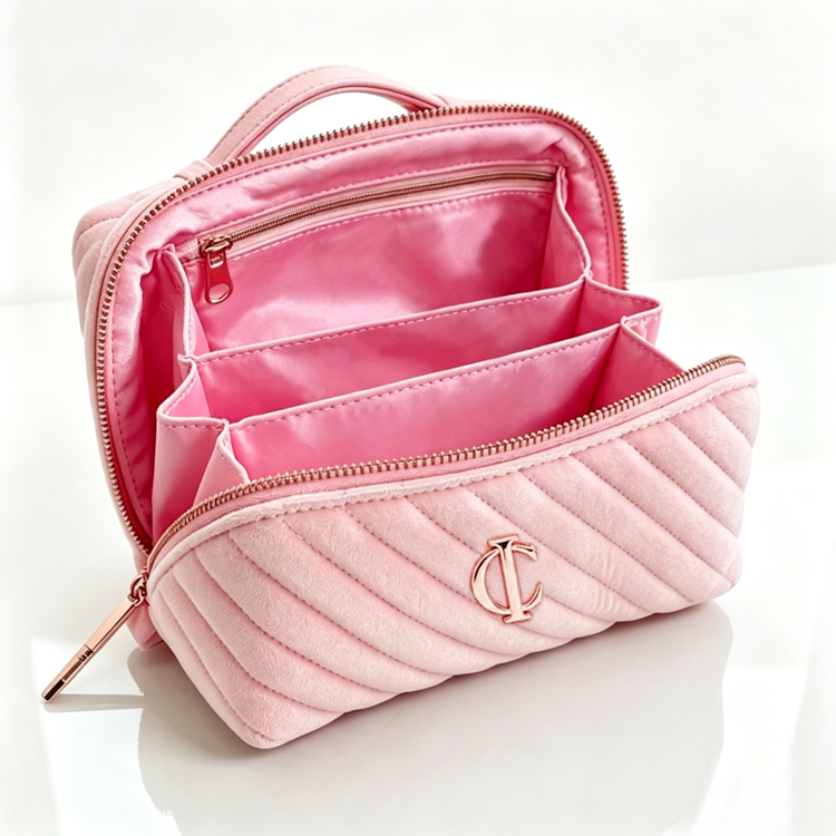 51180977 Pink Quilted Velvet Makeup Bag Logo Decor Portable Travel Cosmetic Storage Pouch