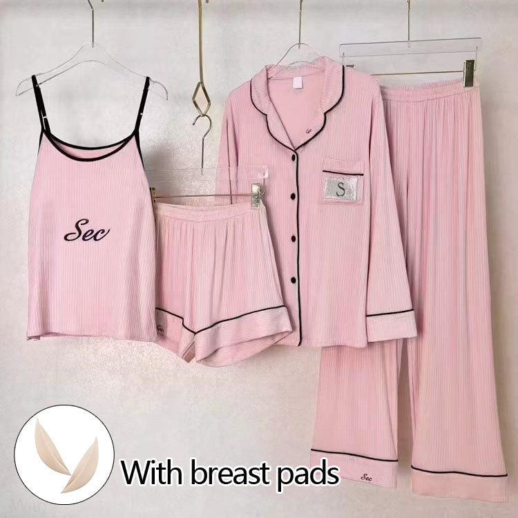 Women Striped Satin Pajama Set 4‑Pieces Lingerie Sleepwear Robe Cami Nightwear（NOLABBEL） - 40803334