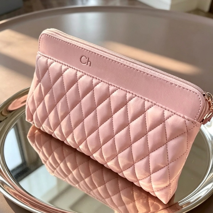 Quilted Makeup Pouch Diamond Pattern Cosmetic Storage Bag Zipper Travel Purse for Women - 51309350