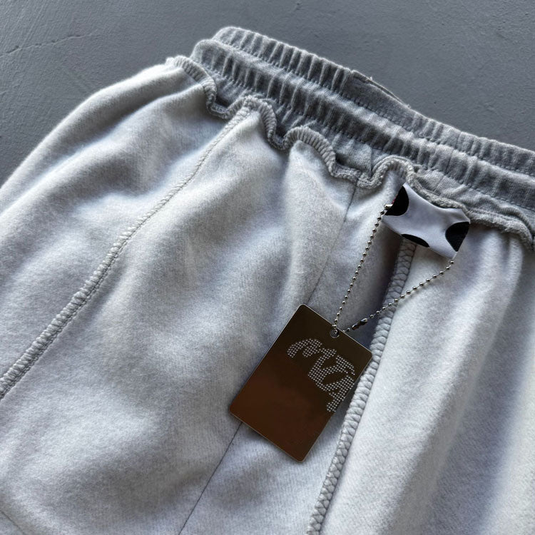 51152090 Graffiti Embroidered Grey Cotton Sweat Shorts Elastic Drawstring Casual Loose Gym Shorts
