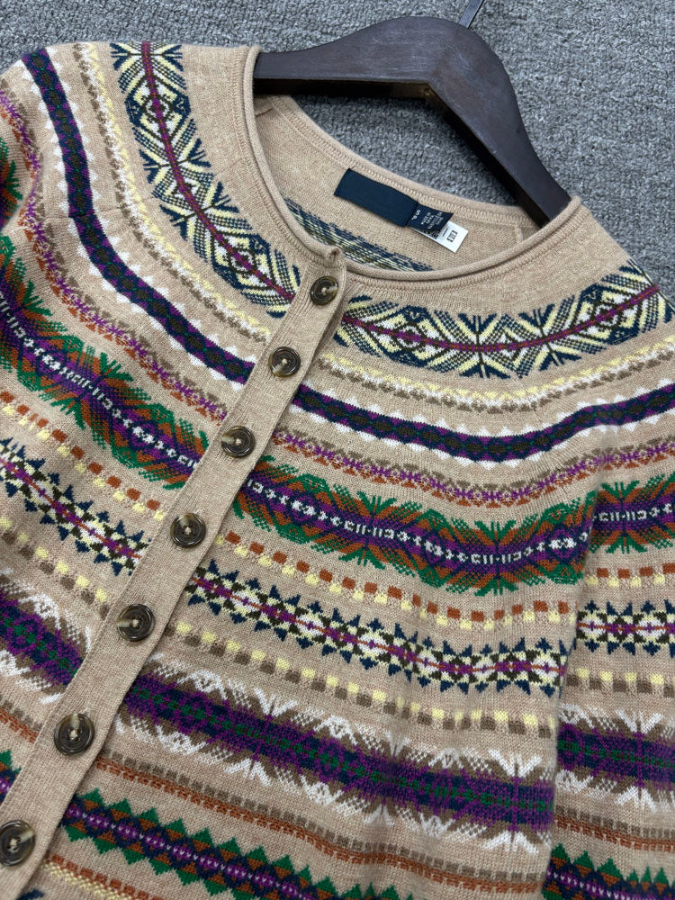 Women Vintage Fair Isle Pattern Knit Cardigan Long Sleeve Button Sweater - 40784324