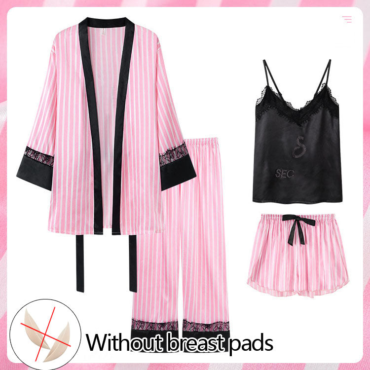 Women Striped Satin Pajama Set 4‑Pieces Lingerie Sleepwear Robe Cami Nightwear（NOLABBEL） - 40803334