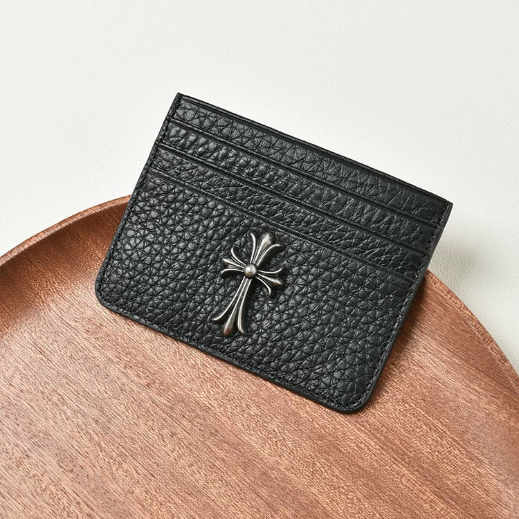 51170598 Black Pebble Leather Card Holder Silver Cross Metal Decor Slim Credit Card Wallet