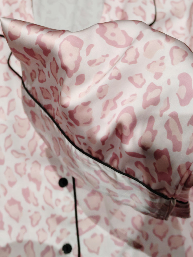 Pink Leopard Print Satin Pajama Set