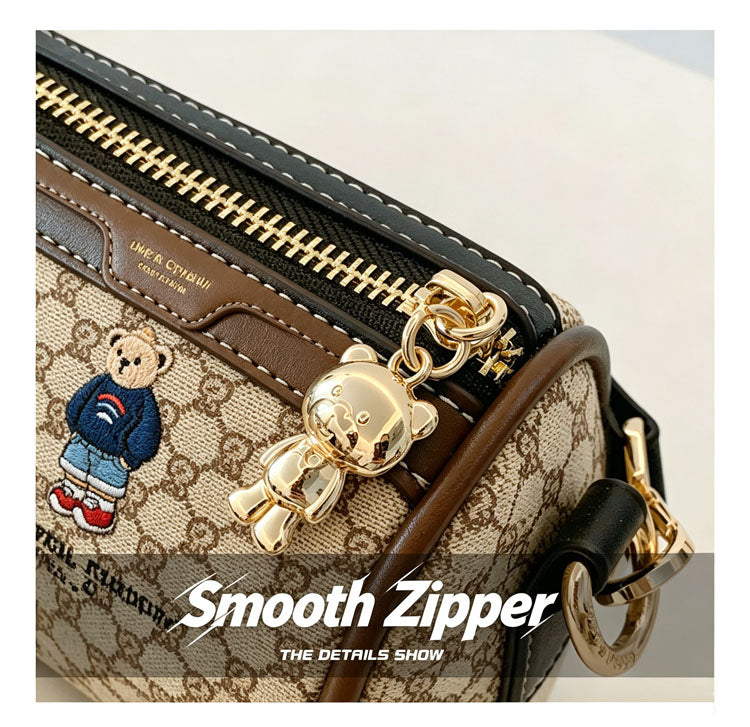 51156954 Mini Bear Print Pattern Crossbody Bag Wide Strap Small Cylinder Shoulder Handbag