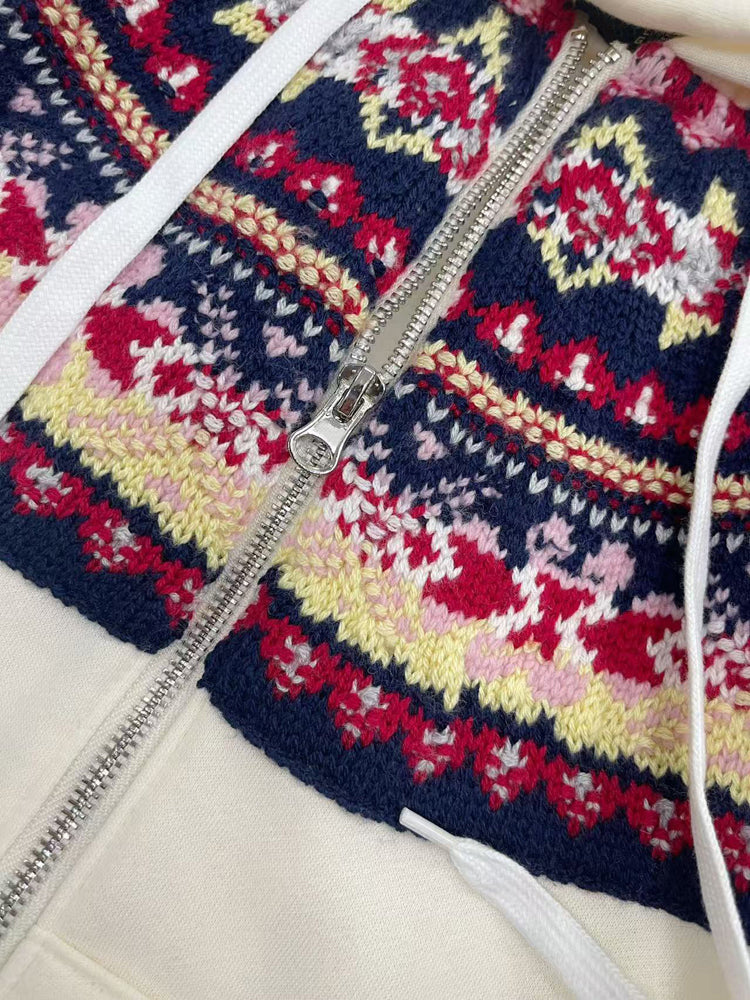 40823752 Women Fair Isle Pattern Zip Up Hoodie Vintage Knit Collar Long Sleeve Hooded Jacket