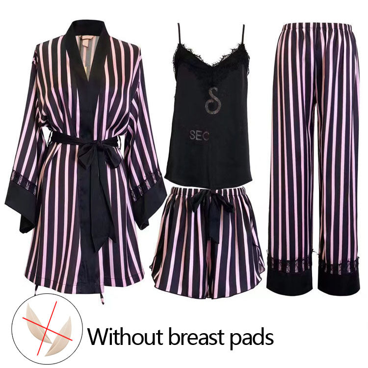 Women Striped Satin Pajama Set 4‑Pieces Lingerie Sleepwear Robe Cami Nightwear（NOLABBEL） - 40803334