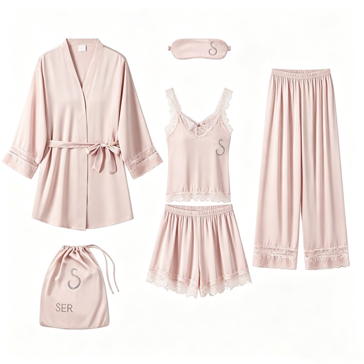 51194325 Women Satin Pajama Set Lace Trim Sleepwear Robe Cami Top Shorts Long Pants Loungewear