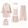 51194325 Women Satin Pajama Set Lace Trim Sleepwear Robe Cami Top Shorts Long Pants Loungewear