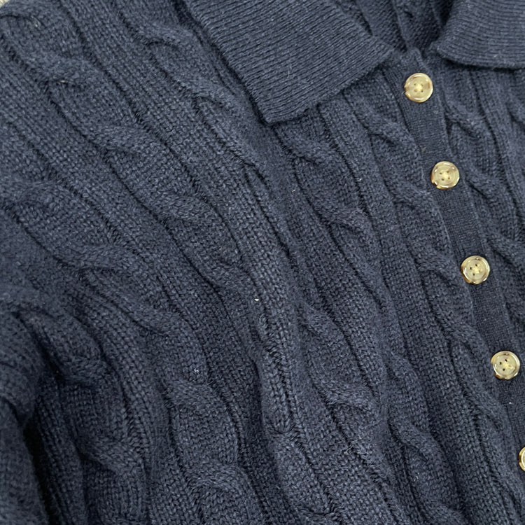 40823764 Women Cable Knit Polo Collar Sweater Long Sleeve Button Pullover Jumper