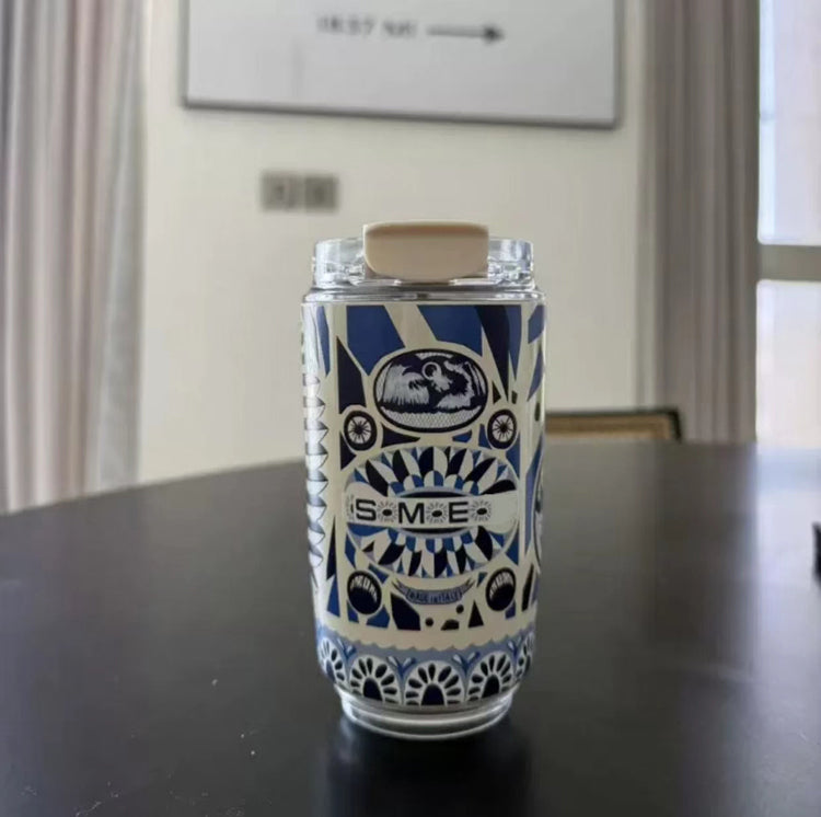 51357315 Vintage Patterned Glass Tumbler, Iced Coffee Cup with Bamboo Lid & Straw for Daily Drinks