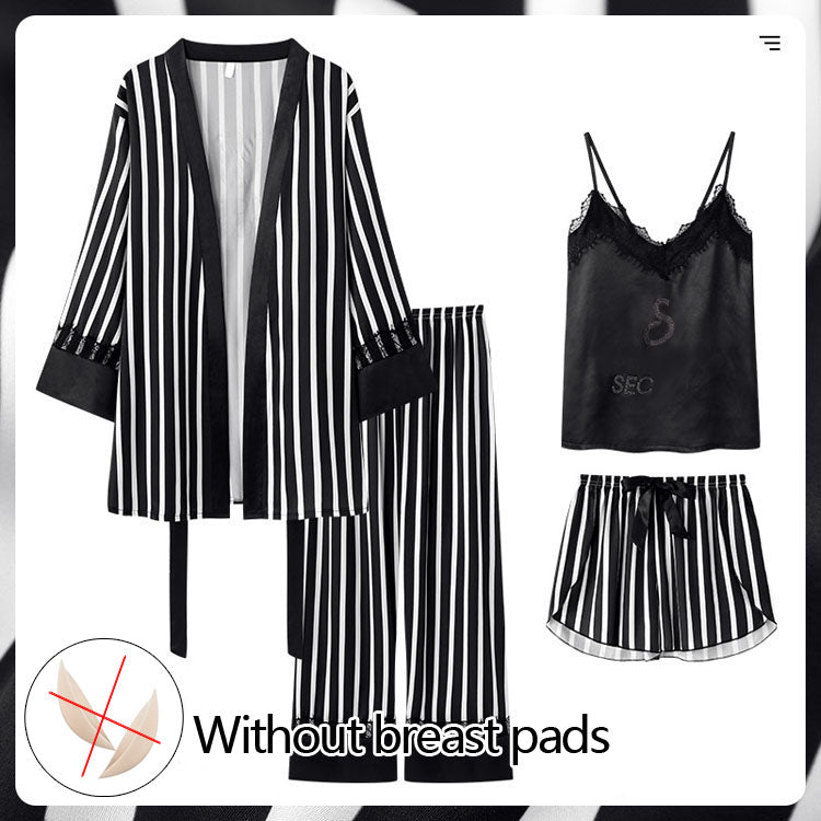 Women Striped Satin Pajama Set 4‑Pieces Lingerie Sleepwear Robe Cami Nightwear（NOLABBEL） - 40803334