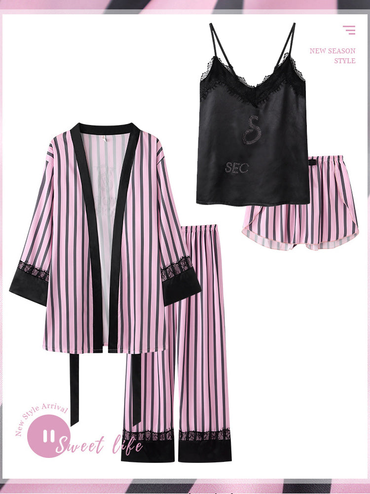 51194315 Women Striped Satin Pajama Set Lace Trim Robe Cami Top Shorts Long Pants Sleepwear