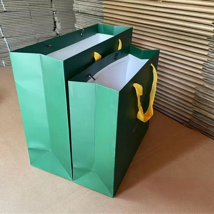 51185028 Dark Green Paper Gift Shopping Bag Yellow Handle Logo Print Retail Packaging Tote Bag