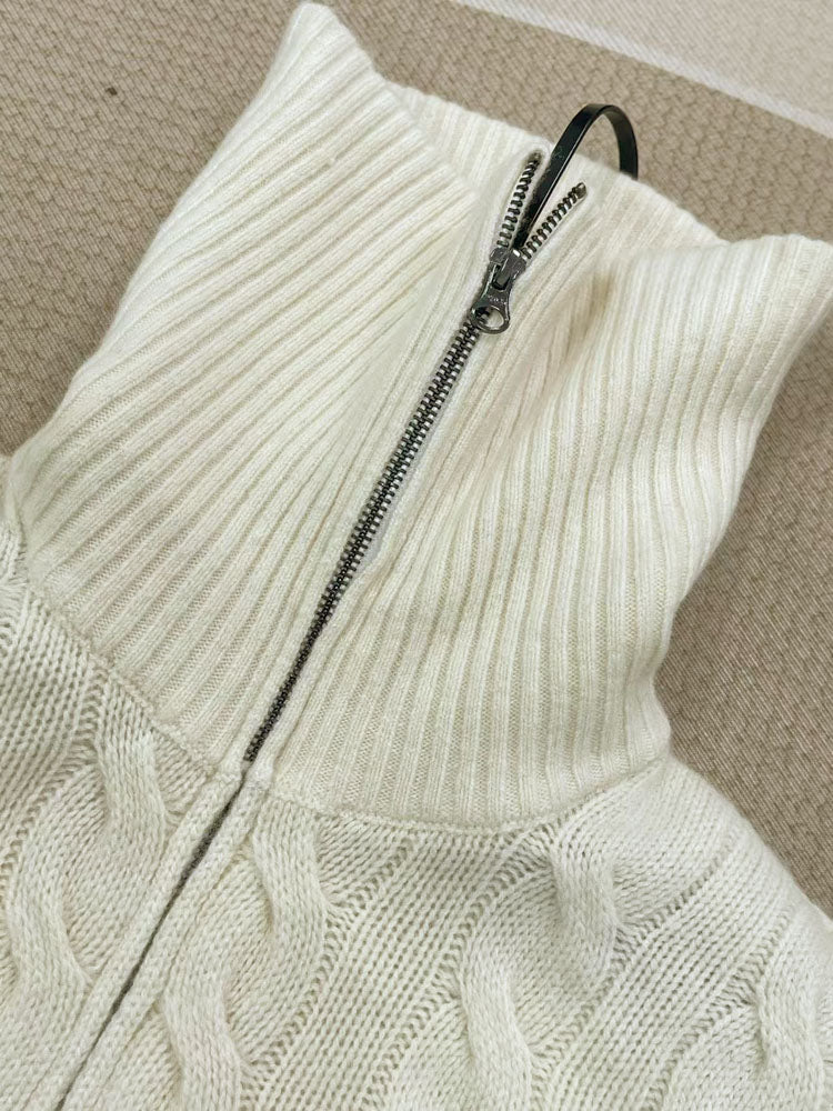 40762601 Cable Knit Zip‑Up Sweater Women Big Collar Full Zip Long Sleeve Knit Jacket