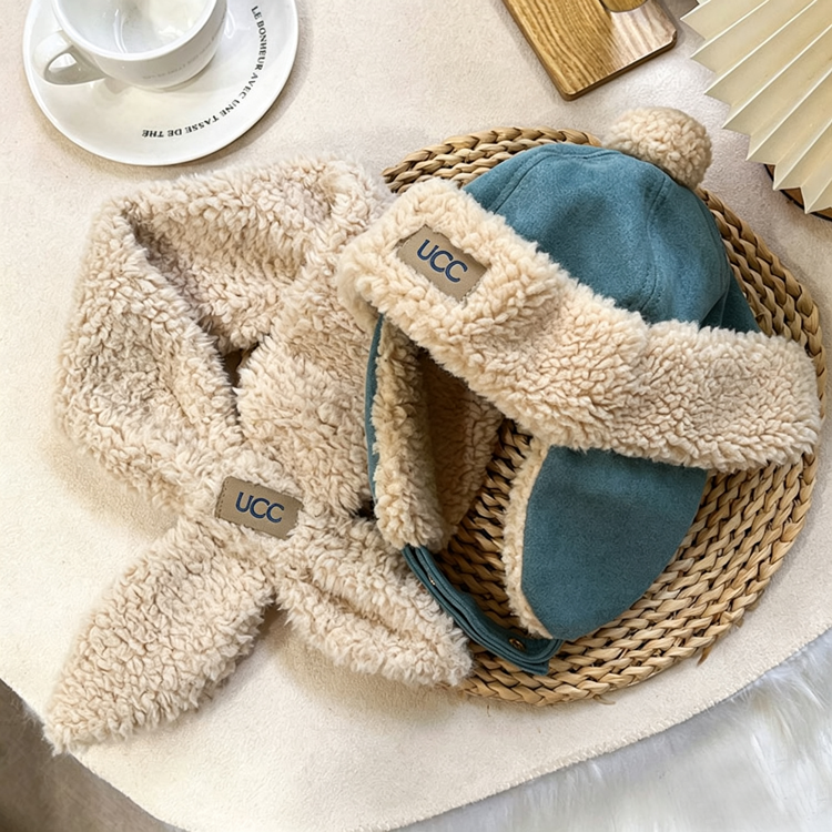 Winter Fleece Ear Flap Hat, Warm Thick Trapper Hat with Ear Cover for Cold Weather（hat&scarf） - 40789606