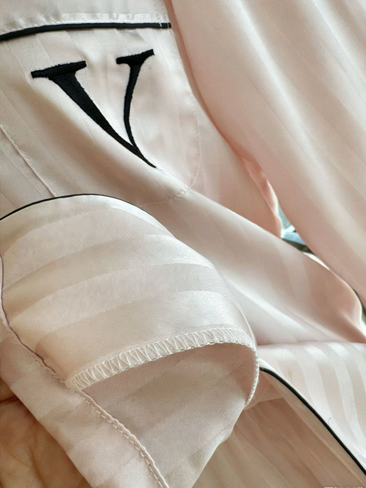 40452435 New pink striped pajamas for women, ice silk loungewear