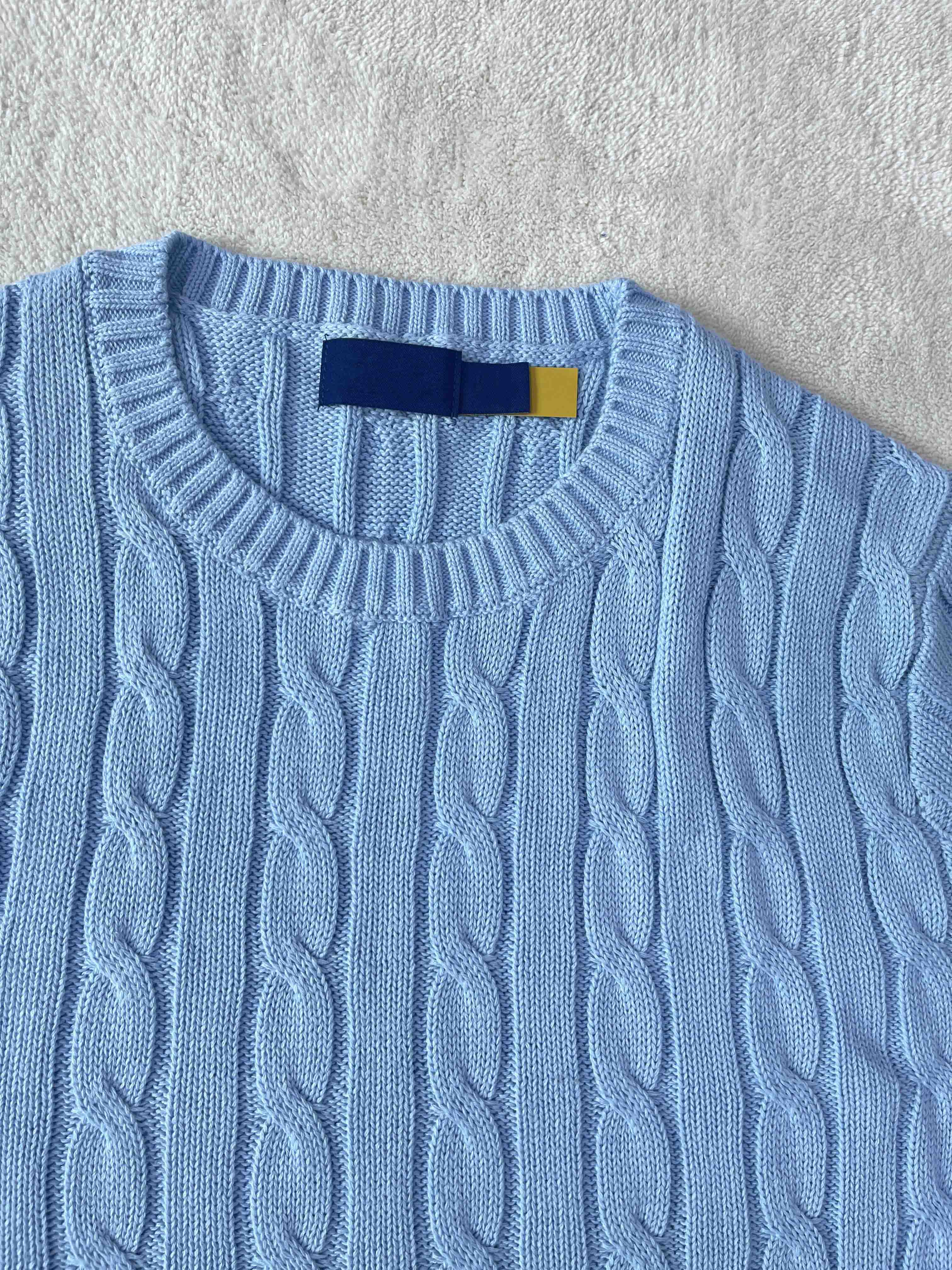 40218487 RL Cable-Knit Cotton Short-Sleeve Sweater Crew Neck Short Sleeve