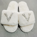 51334726 Women Fuzzy Plush Slippers Sparkling Rhinestone Logo Open Toe House Slippers for Indoor