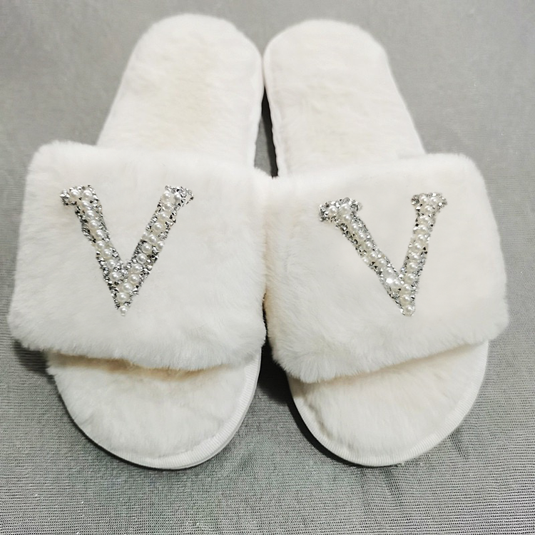 51334726 Women Fuzzy Plush Slippers Sparkling Rhinestone Logo Open Toe House Slippers for Indoor