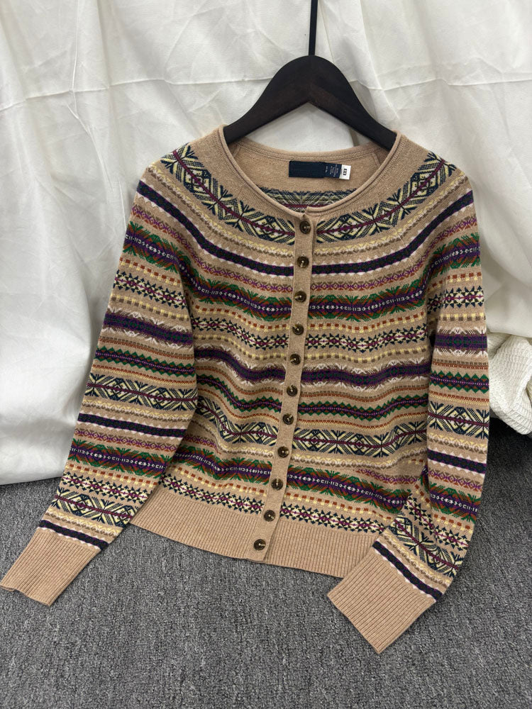 Women Vintage Fair Isle Pattern Knit Cardigan Long Sleeve Button Sweater - 40784324
