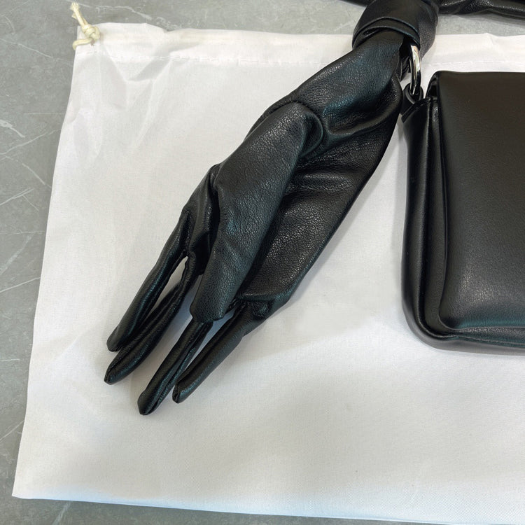 51166200 Black Leather Glove Strap Shoulder Bag Embossed Logo Mini Crossbody Handbag
