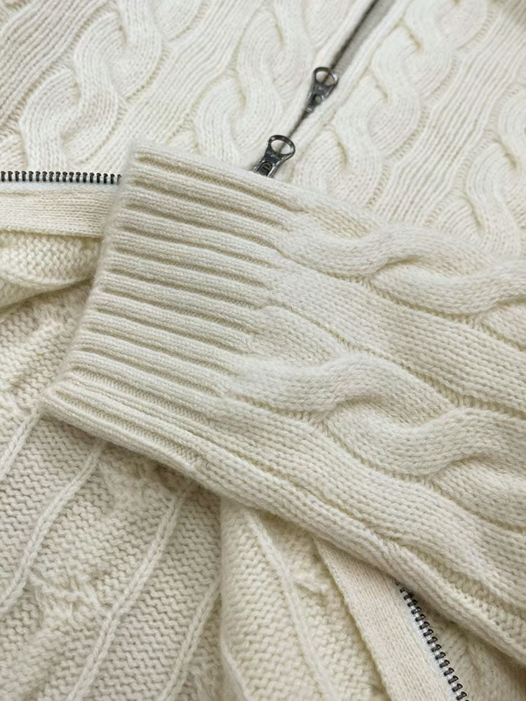 40762601 Cable Knit Zip‑Up Sweater Women Big Collar Full Zip Long Sleeve Knit Jacket