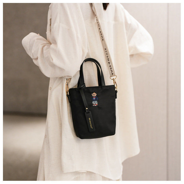 51170551 Mini Embroidery Bear Bucket Bag Top Handle Adjustable Strap Crossbody Shoulder Tote