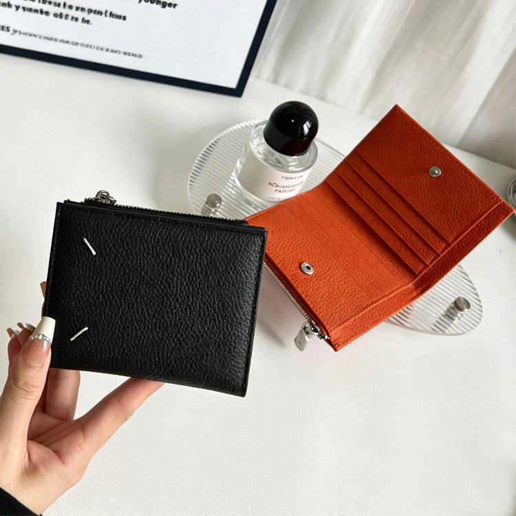 40635692 Genuine Cowhide Bifold Mini Wallet Multi Card Slots Leather Coin Purse Black Orange