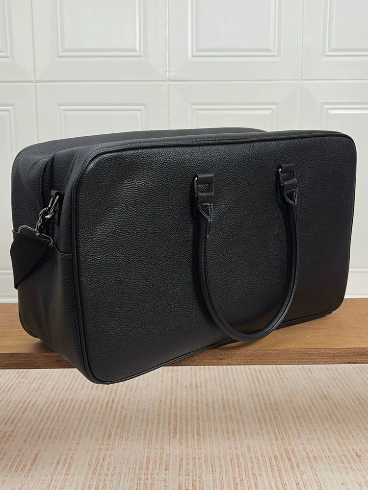51371777 Black Leather Duffle Bag, Large Travel Weekender Overnight Bag