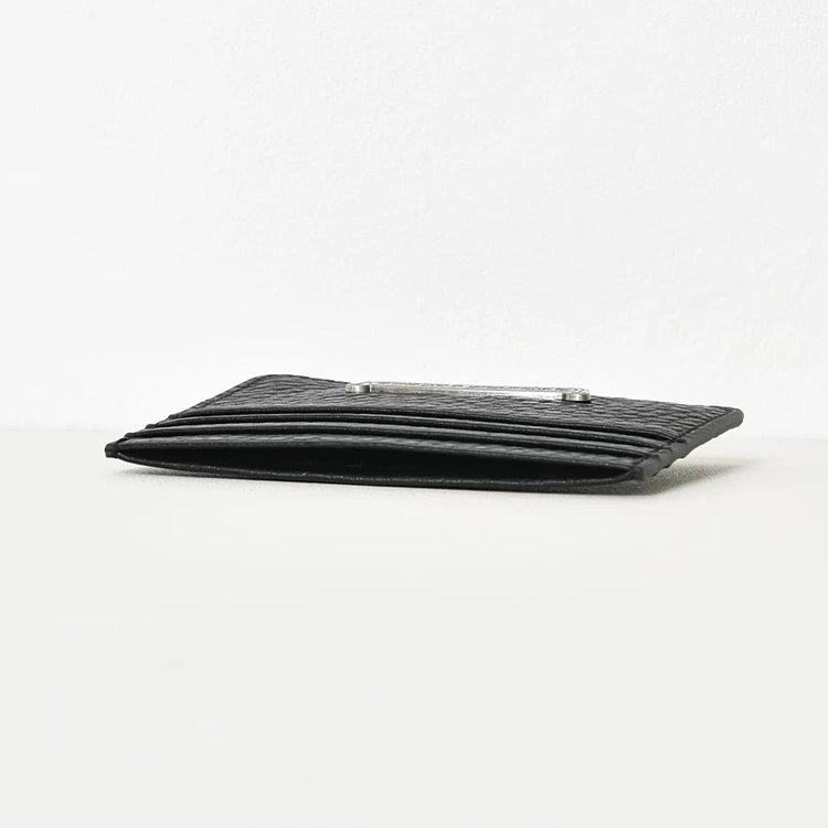 51170598 Black Pebble Leather Card Holder Silver Cross Metal Decor Slim Credit Card Wallet