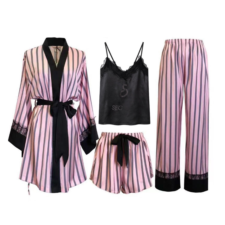 51194315 Women Striped Satin Pajama Set Lace Trim Robe Cami Top Shorts Long Pants Sleepwear