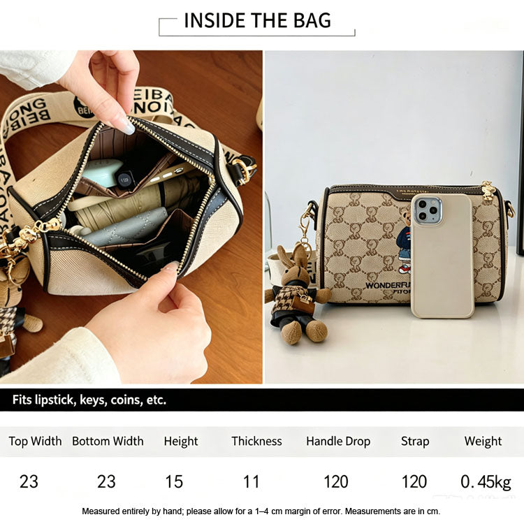 51156954 Mini Bear Print Pattern Crossbody Bag Wide Strap Small Cylinder Shoulder Handbag