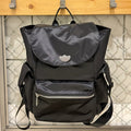 51166089 Black Drawstring Flap Backpack Embroidered Logo Multi Pocket Daily Travel Daypack