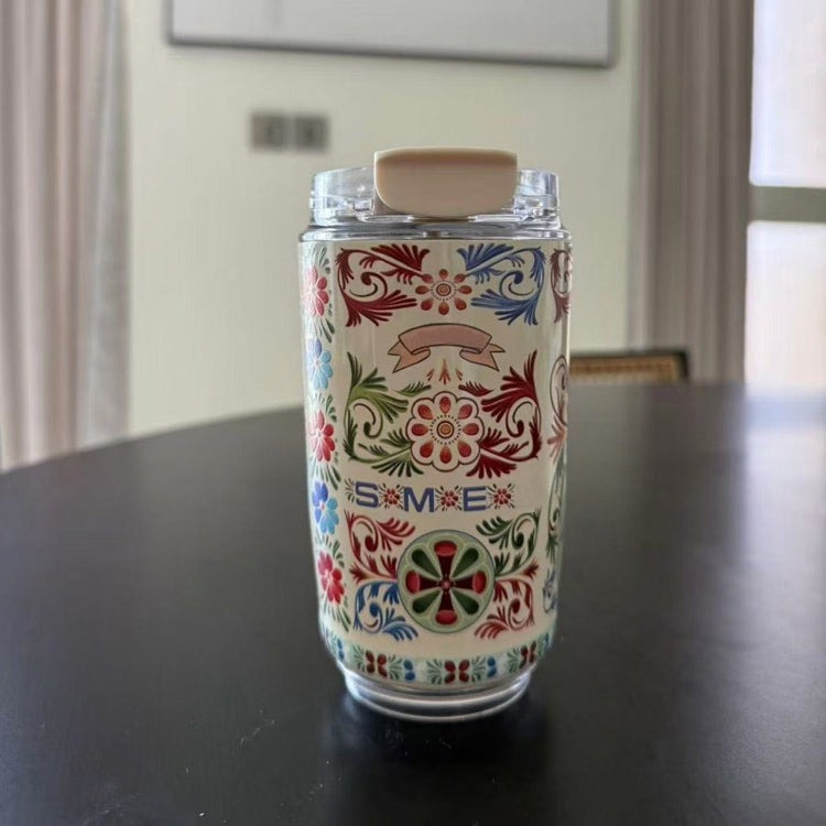 51357315 Vintage Patterned Glass Tumbler, Iced Coffee Cup with Bamboo Lid & Straw for Daily Drinks