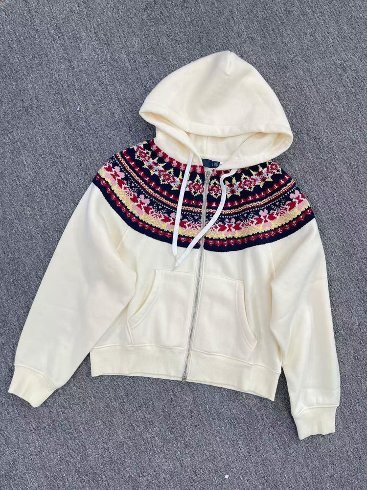 40823752 Women Fair Isle Pattern Zip Up Hoodie Vintage Knit Collar Long Sleeve Hooded Jacket