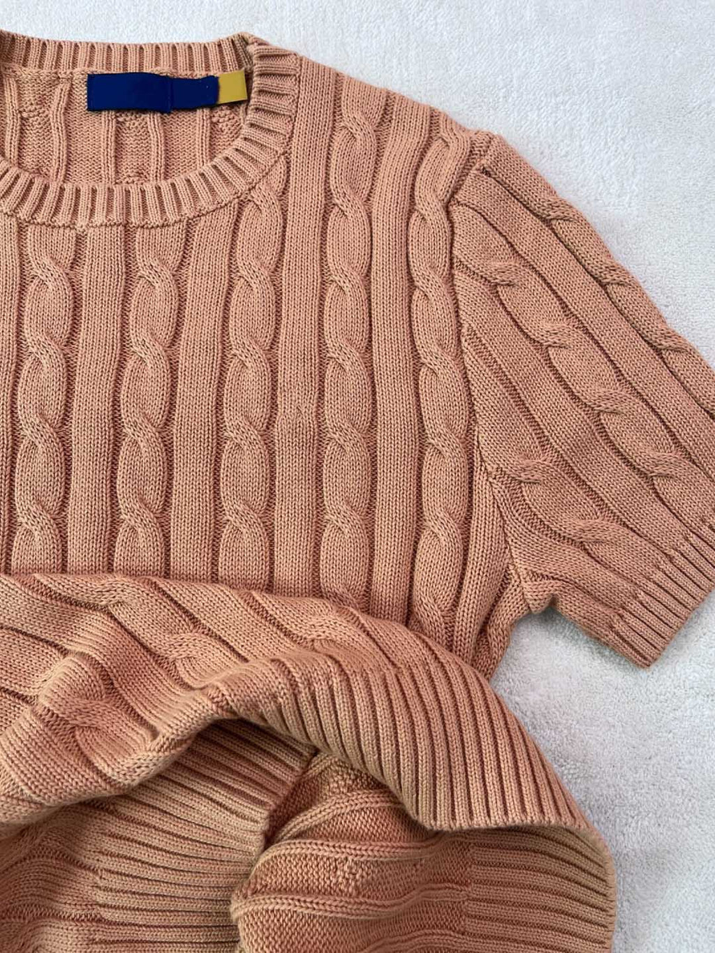 40218487 RL Cable-Knit Cotton Short-Sleeve Sweater Crew Neck Short Sleeve