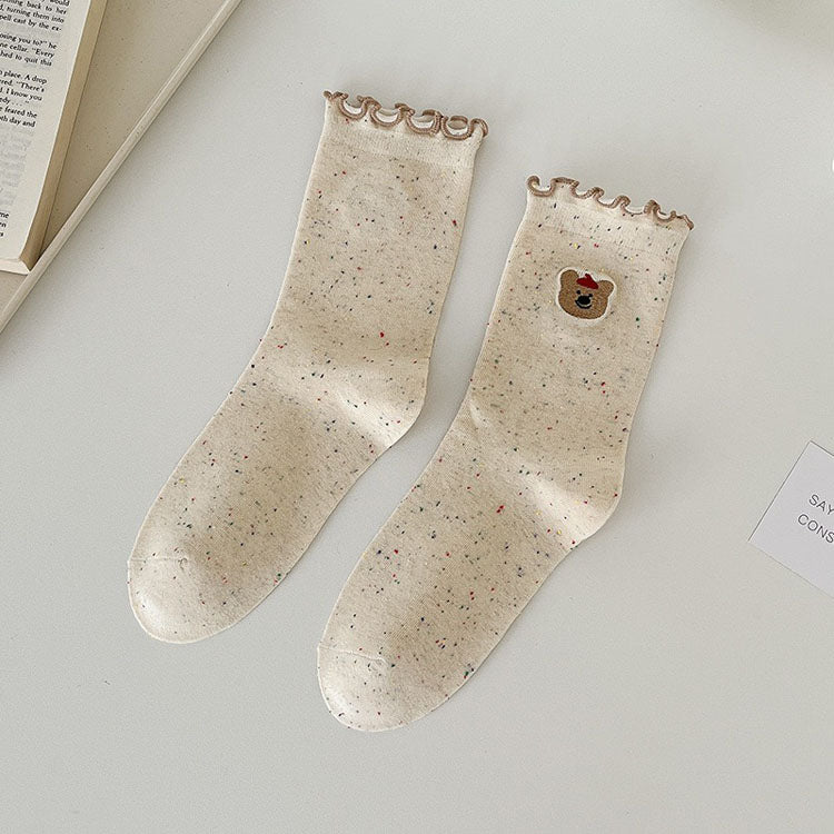 Bow socks cute wood ear lace mid-calf socks