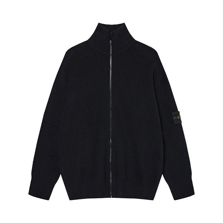 Men Stand Collar Zip‑Up Knit Sweater Loose Fit Ribbed Knitted Cardigan Jacket - 40781706